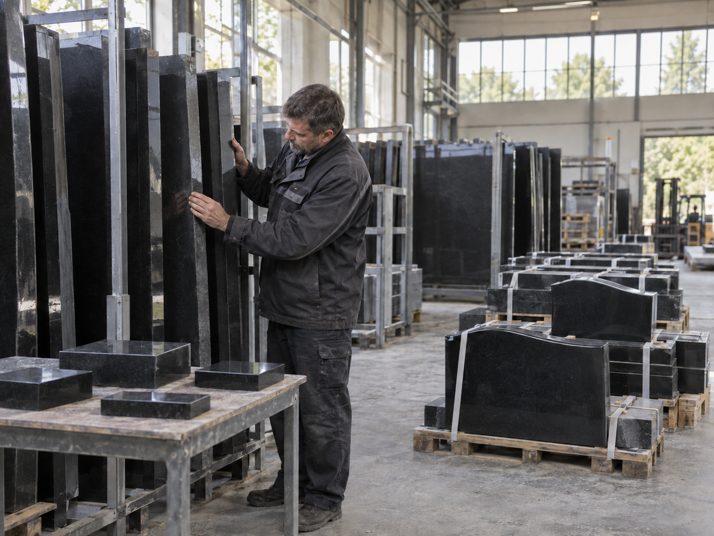 Склад камня: плиты чёрного камня в стойках и заготовки на поддонах